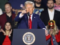 Donald Trump speaks at a rally at Circa Resort & Casino on January 25, 2025 in Las Vegas, Nevada. The event focused on Trump’s first week in office, including his proposed policy to eliminate taxes on tips for service industry employees.