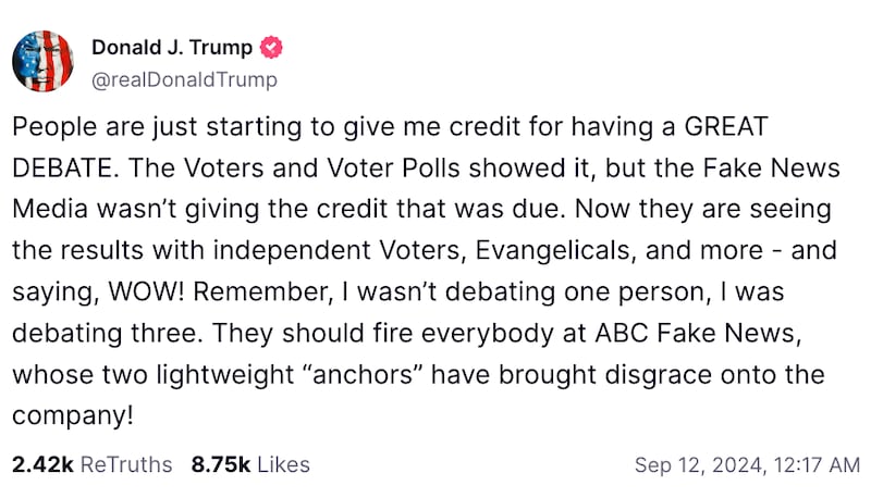 Screenshot of Trump’s Truth Social post