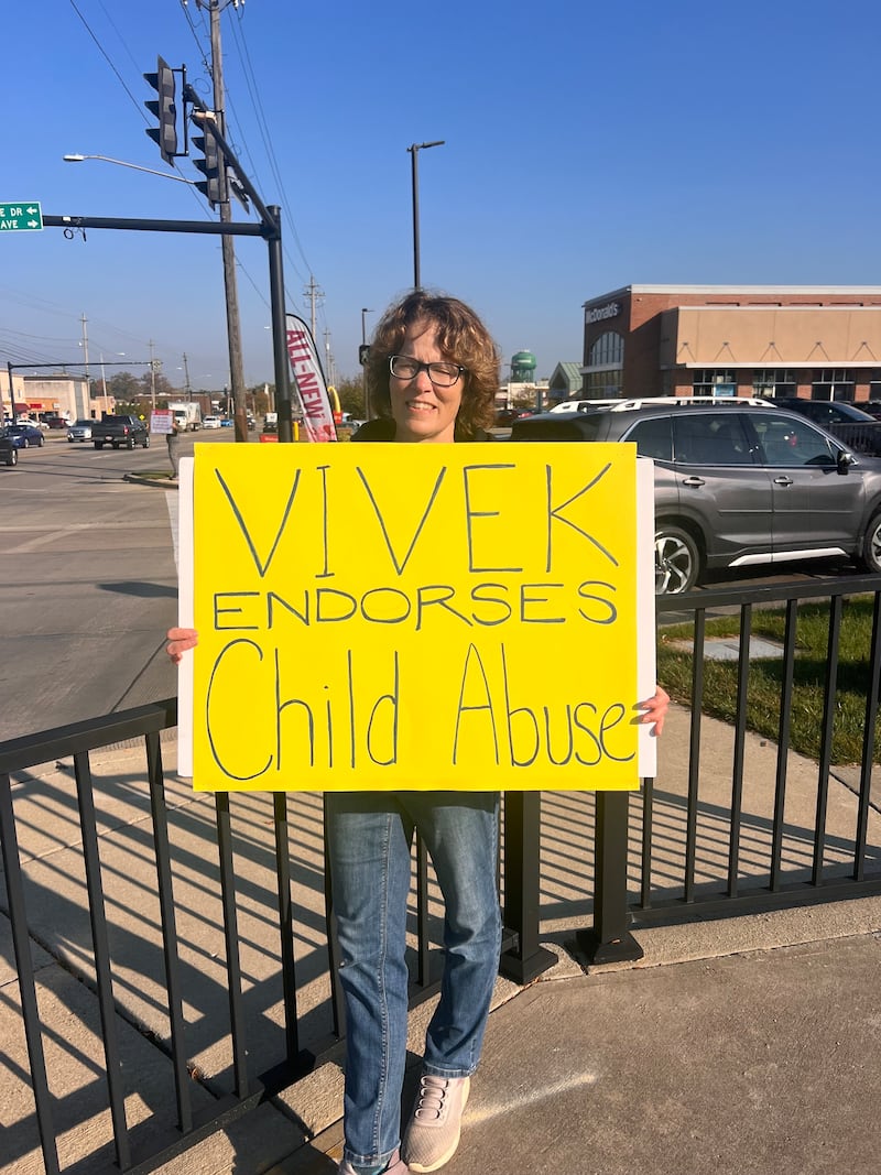 Elaine Bayless, protesting outside a Ramaswamy campaign stop in Strongsville, said the ad was a disgrace. “They don't believe that they can win this on the issues, so they decided to play dirty.”