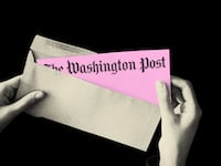 Photo illustration of someone holding a pink slip with the Washington Post logo on it coming out of an envelope.