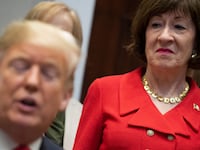 US Senator Susan Collins, Republican of Maine, stands alongside Donald Trump