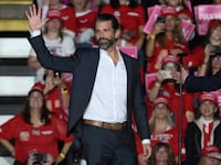 Don Trump Jr. arrives to speak at a campaign rally of his father former US President and Republican presidential candidate Donald Trump at the Santander arena in Reading, Pennsylvania, on November 4, 2024.