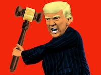 Angry looking Donald Trump swinging a judge's gavel