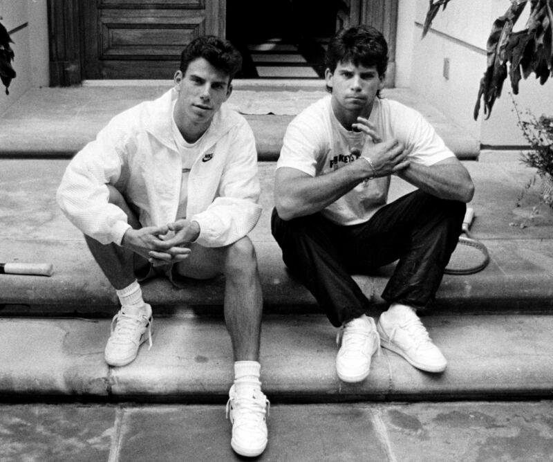 BEVERLY HILLS, CALIF. - NOV. 30, 1989 - Menendez brothers, Erik, left, and Lyle on the steps of their Beverly Hills home in November, 1989.