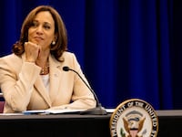 Kamala Harris with her chin on her hand