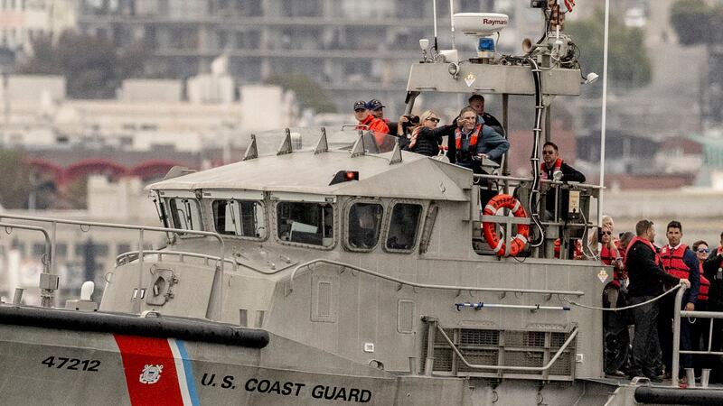 A U.S. Coast Guard motor lifeboat carrying a delegation with Attorney General Pam Bondi and Interior Secretary Doug Burgum is seen during a visit to Alcatraz Island in San Francisco, Thursday, July 17, 2025. (Photo by Stephen Lam/San Francisco Chronicle via Getty Images)