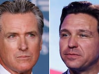 A combination picture shows Gavin Newsom, the Governor of the State of California speaking at the 2023 Milken Institute Global Conference in Beverly Hills, California.