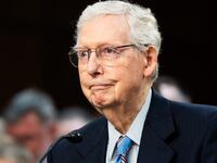 Sen. Mitch McConnell was seen falling in the basement of the Senate Russell Building on Thursday while being asked about ICE by a member of The Sunrise Movement.