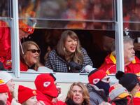Taylor Swift reacts to game play during the AFC Divisional Playoff game between the Kansas City Chiefs and the Houston Texans on January 18th, 2025 at GEHA Field Arrowhead Stadium in Kansas City, Missouri.