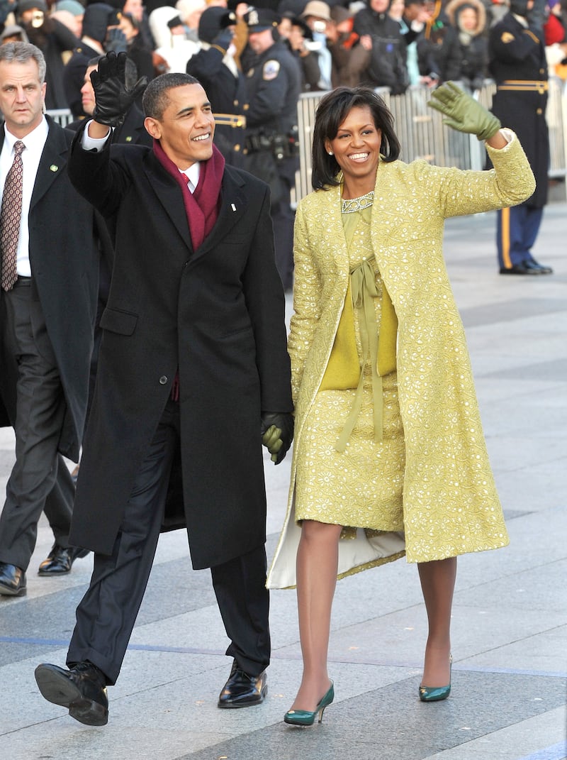 Former President Barack Obama and former First Lady Michelle Obama in the Inaugural Parade in 2009.