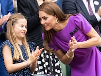 Princess Kate talks with Princess Charlotte of Wales, Wimbledon, July 14, 2024.