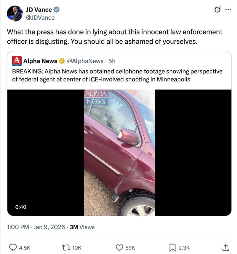 JD Vance's post on X about the video shared by Alpha News, showing footage filmed by Jonathan Ross, the ICE agent who has been identified as the shooter of Renee Nicole Good.