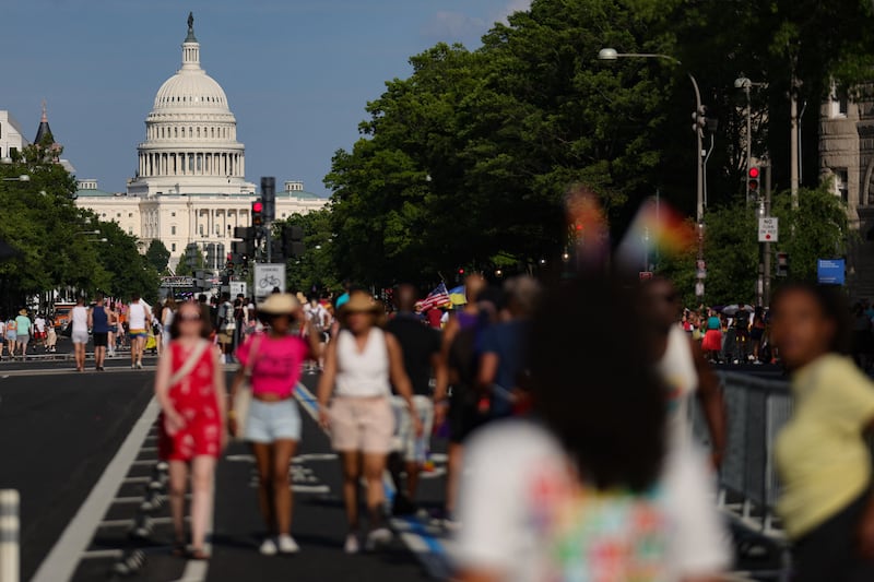 The U.S. Capitol is seen as people attend the WorldPride 2025 parade in support of LGBTQ+ rights in Washington, D.C. on June 7, 2025. (Photo by Bryan Dozier / Middle East Images via AFP) (Photo by BRYAN DOZIER/Middle East Images/AFP via Getty Images)