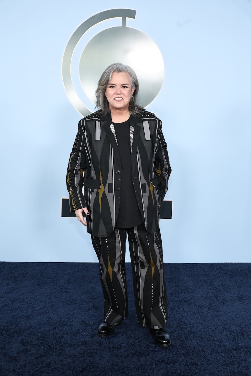 Rosie O’Donnell wore a suit jacket and matching pants with geometrical patterns for the 2026 Tony Awards at Radio City Music Hall in New York City on Sunday.