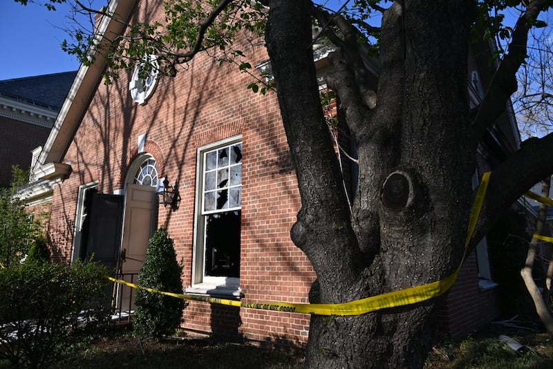 Police line cordon is seen at Pennsylvania Governor's Mansion after a suspected arson attack.