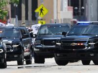 The motorcade of former U.S. President Donald Trump arrives at the Wilkie D. Ferguson Jr. United States Courthouse.