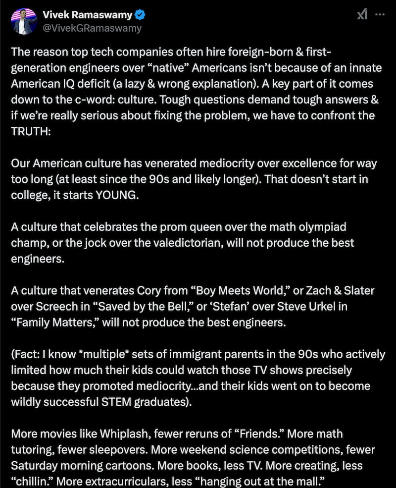 The first half of Vivek Ramaswamy’s post from Dec. 26 that railed against American culture.