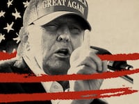 Photo illustration of Donald Trump with a distressed American flag overlaid
