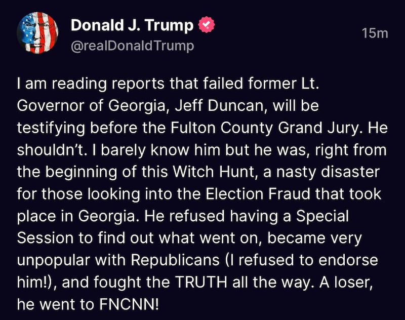 Donald Trump’s post to Truth Social on Monday about Geoff Duncan.