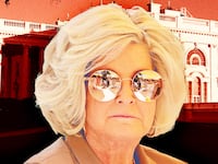 A photo illo illustration of White House Chief of Staff Susie Wiles in front of The White House.