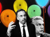 An illustration that includes photos of U.S. Diplomat David Pressman, Prime Minister Viktor Orbán, and Pride iconography.