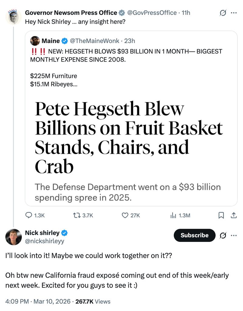 nick shirley pete hegseth gavin newsom