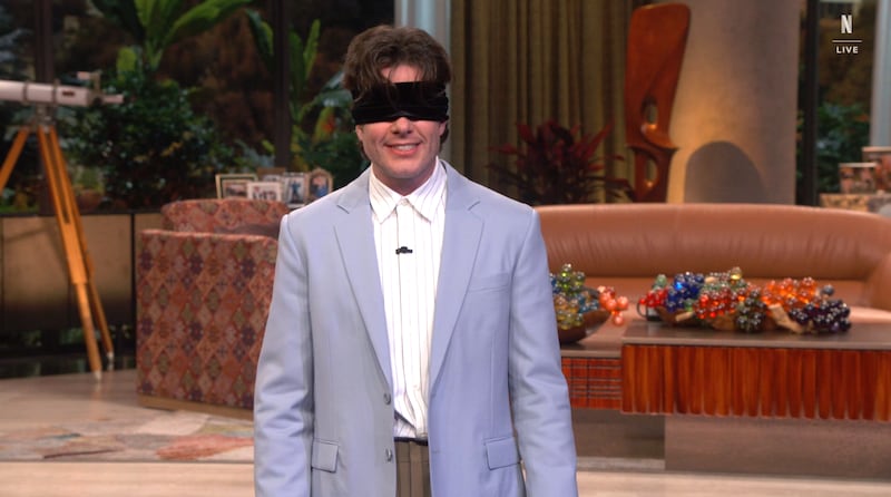 Everybody's Live!, John Mulaney in a blindfold talking about the pope