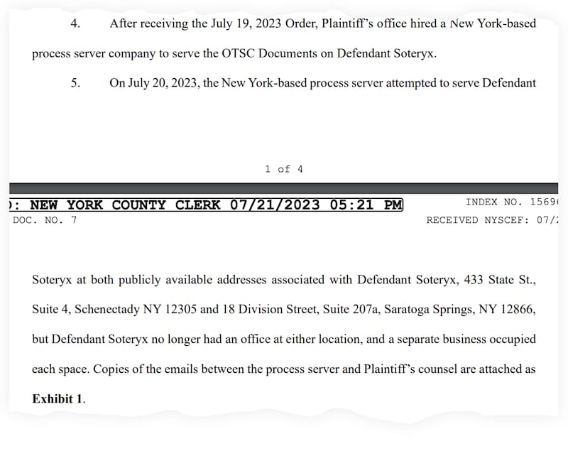 A snippet of a court filing which says Soteryx is no longer at either of its listed addresses.