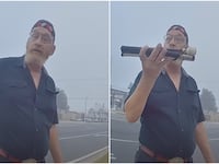 Two side-by-side screenshots of police body camera footage showing James Hodges displaying his mobility cane for police.