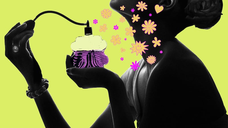 woman spraying perfume on a green background with orange and pink shapes