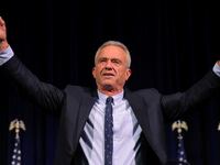 Democratic presidential candidate Robert F. Kennedy Jr. waves to the audience after delivering a foreign policy speech at St. Anselm College in Manchester, New Hampshire, U.S., June 20, 2023.