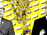 image of pills on yellow background with dollar bills flying out of wallet and Reps. Greg Walden of Oregon, a key Republican committee chairman, and Kevin McCarthy of California, the House Republican majority leader, on either side of pills