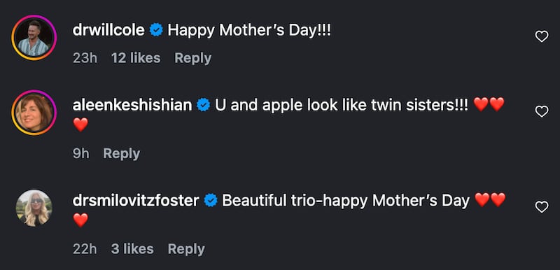Gwyneth Paltrow’s Instagram comments support the selfie of Paltrow, Danner, and Martin.