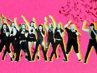 A photo illustration showing the final performance of Pitch Perfect.