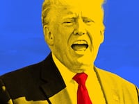 A photo illustration of Donald Trump with his mouth open, colored yellow with a red tie on