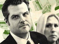 A photo illustration of Matt Gaetz and Marjorie Taylor Greene with torn money behind them