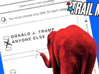Alt: A photo illustration of an elephant checking off “anyone else” on a ballot with Donald Trump.