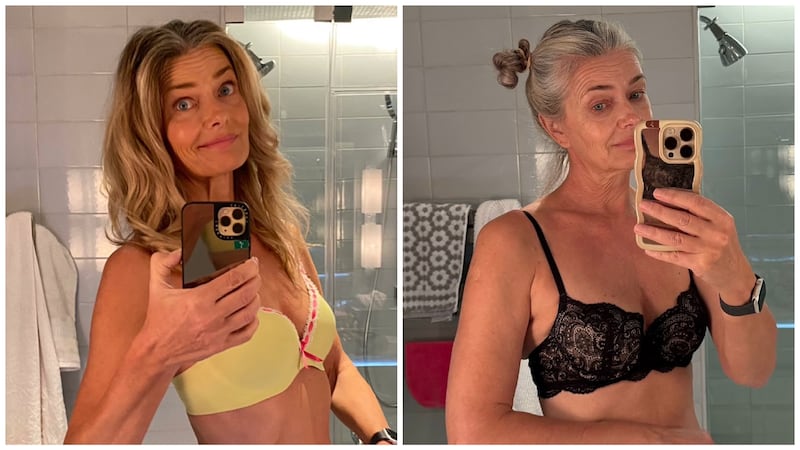 Paulina Porizkova is pictured in side-by-side photos from her Instagram post wearing the same jeans, 20 pounds heavier.