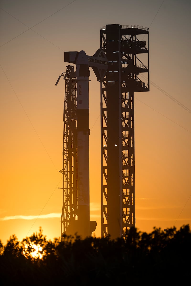 CAPE CANAVERAL, FL - FEBRUARY 10: (EDITOR'S NOTE: This handout image was provided by a third-party organization and may not adhere to Getty Images' editorial policy) A SpaceX Falcon 9 rocket with the company's Dragon spacecraft on top is seen on the launch pad at sunset at Space Launch Complex 40 as preparations continue for the Crew-12 mission February 10, 2026, at Cape Canaveral Space Force Station in Florida. NASA's SpaceX Crew-12 mission is the twelfth crew rotation mission of the SpaceX Dragon spacecraft and Falcon 9 rocket to the International Space Station as part of the agency's Commercial Crew Program. NASA astronauts Jessica Meir, Jack Hathaway, European Space Agency (ESA) astronaut Sophie Adenot and Roscosmos cosmonaut Andrey Fedyaev are scheduled to launch at 5:15 a.m. EST on February 13. (Photo by Aubrey Gemignani/NASA via Getty Images)