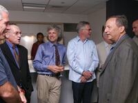 Jeffrey Epstein at a dinner he hosted at Harvard University with Harvard Professors , Alan Dershowitz, Stephen Pinker, Princeton Professor Robert Trivers, Larry Summers, Martin Nowak on September 9, 2004