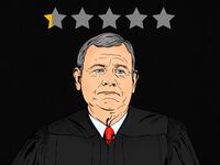 Illustration of a sad Chief Justice John Roberts with five stars above his head with only a little bit of one filled in