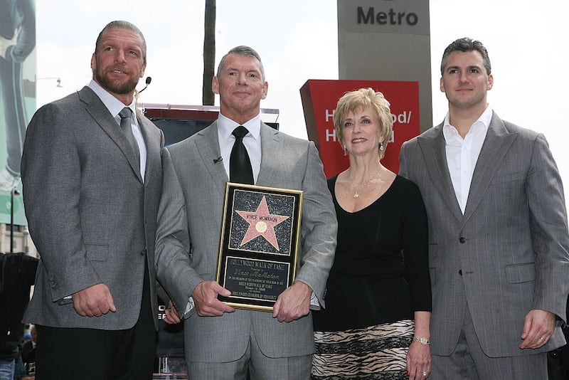From left to right: Triple H, Vince McMahon, Linda McMahon, and Shane McMahon at the 2,357th Star on the Hollywood Walk of Fame ceremony honoring Vince McMahon.