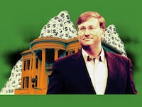 A photo composite of Mississippi governor Tate Reeves in front of the Governor’s Mansion with bags of money.