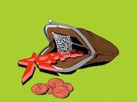 Illustration of a coin purse with CPAC logo coming out with a spiderweb and pennies
