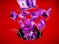 A photo illustration money falling down a dark hole.