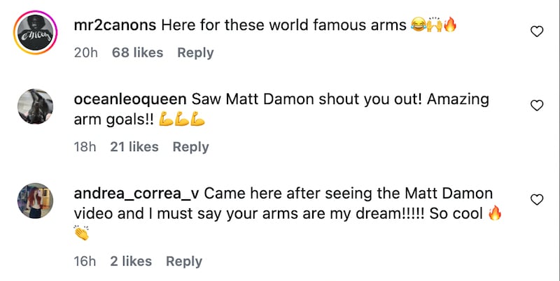 Fans express their love for body double Devyn Dalton’s biceps in an Instagram post following her appearance in 'The Odyssey.'