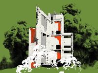 Photo illustration of a destructed building with smoke rising from an explosion in front and behind