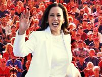 Photo illustration of Kamala Harris with MAGA supporters behind her.
