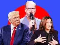 A photo illustration of Donald Trump, Jim Gaffigan, and Kamala Harris.