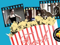 Photo illustration of a box of popcorn with film stills from Love Actually, True Lies, and Girls.
